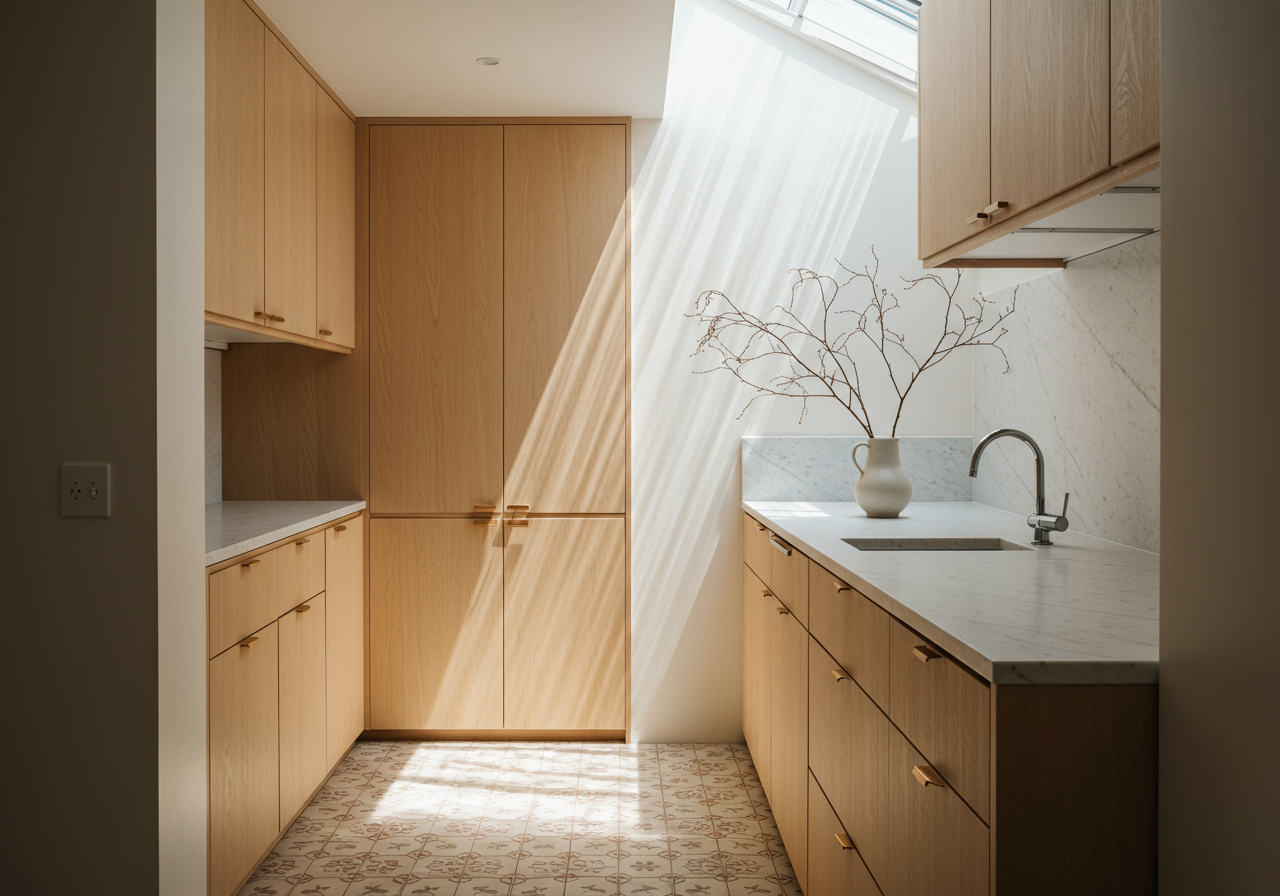 A sunlit shophouse kitchen with pale oak cabinetry, peranakan tile floor and morning light from a courtyard window